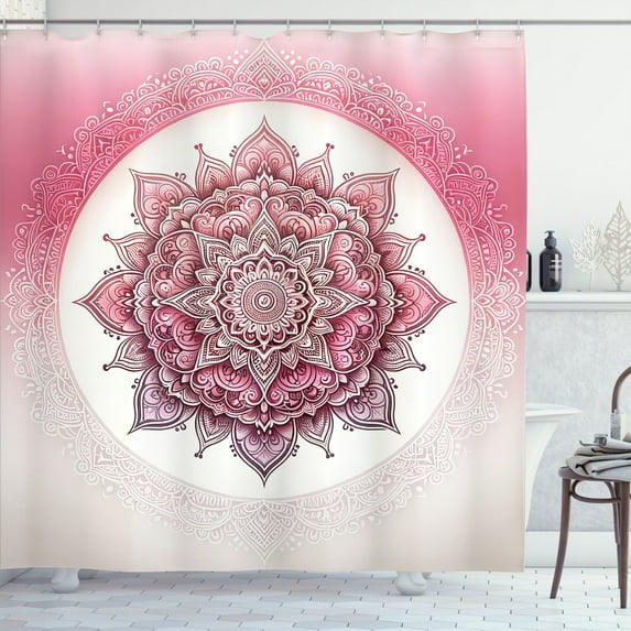 Ambesonne Pink Shower Curtain, Blooming Blushy Mandala Leafy, 69"Wx75"L, Magenta White Grey Yellow