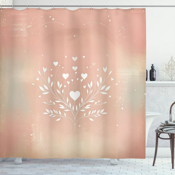 Ambesonne Pink Shower Curtain, Classic Art Heart Leafy Floral, 69"Wx84"L, Blush White Pale Mauve