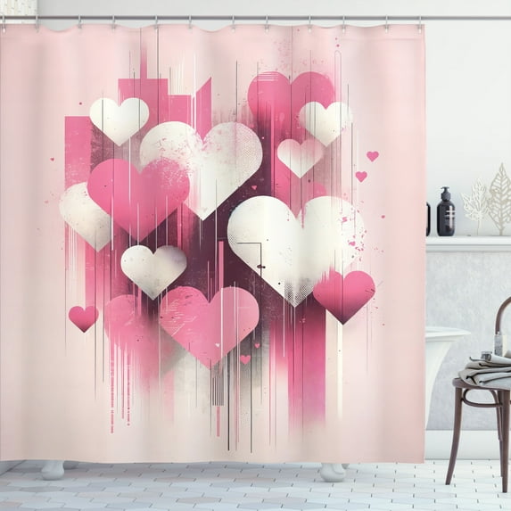 Ambesonne Pink Shower Curtain, Futurist Love Hearts Lines Art, 69"Wx75"L, Pale Rose Ivory