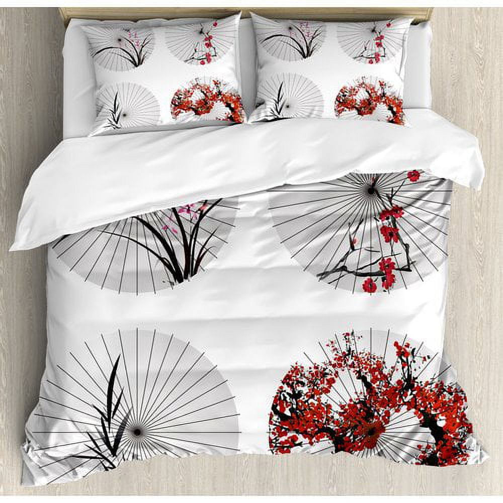 Japanese Umbrella Print White and Red King Duvet Cover Set