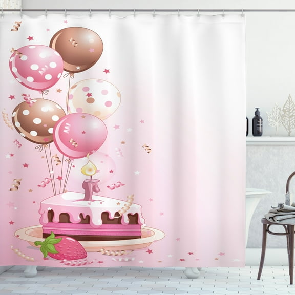 Ambesonne Pink Shower Curtain, Strawberry Cake Balloons, 69"Wx70"L, Pink Tan Cream