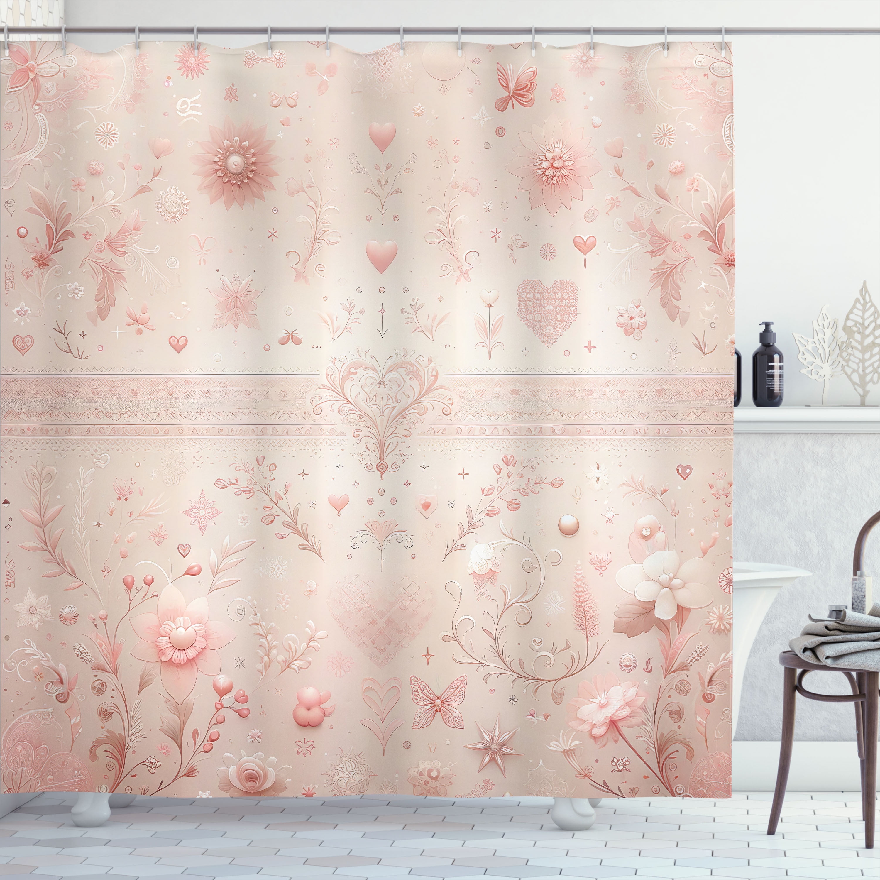 Pale Salmon Floral Fabric Shower Curtain with Hooks