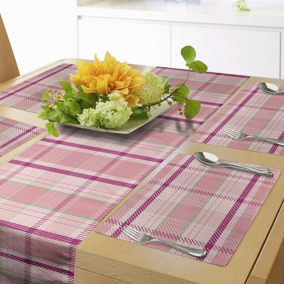Ambesonne Pink Table Runner & Placemats, Tartan Plaid Pattern Squares, Placemat 4 pcs + Runner 14"x72", Pale Pink and Multicolor