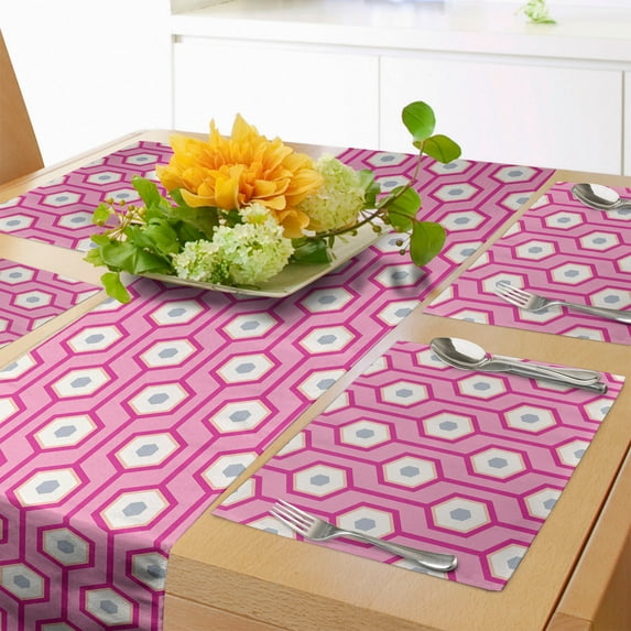 Ambesonne Pink Table Runner & Placemats, Vertical Hexagons Dots, Placemat 4 pcs + Runner 12"x72", Pale Blue White Pink