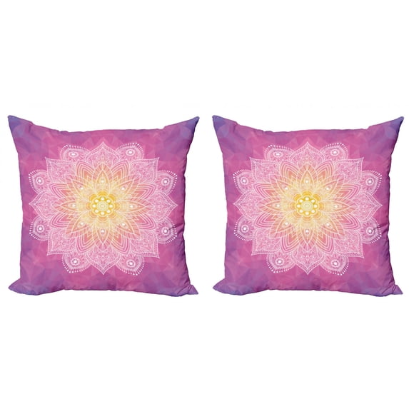Ambesonne Pink Throw Pillow Cover 2 Pack, Mandala Floral Art, 24", Fuchsia Yellow