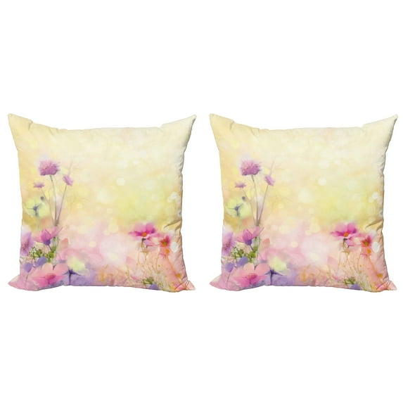 Ambesonne Pink Throw Pillow Cover 2 Pack, Vintage Magnolia Blooms, 20", Pink Pale Yellow