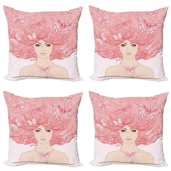 Ambesonne Pink Throw Pillow Cover 4 Pack, Girl Butterflies Sketch, 18", Coral and White