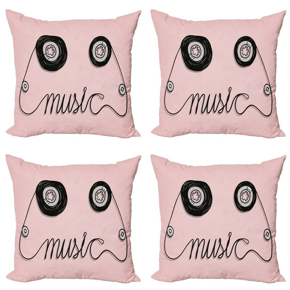 Ambesonne Pink Throw Pillow Cover 4 Pack, Music Cassette Tape Art, 16", Pink Black