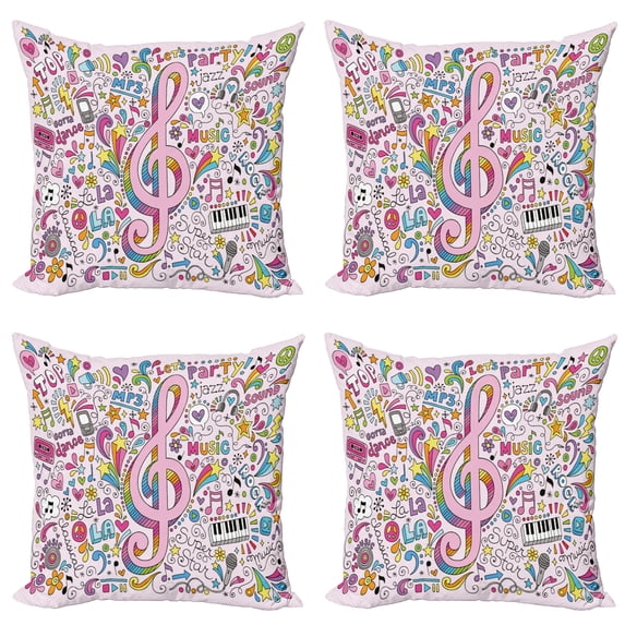 Ambesonne Pink Throw Pillow Cover 4 Pack, Music Clef Groovy Doodles, 20", Multicolor