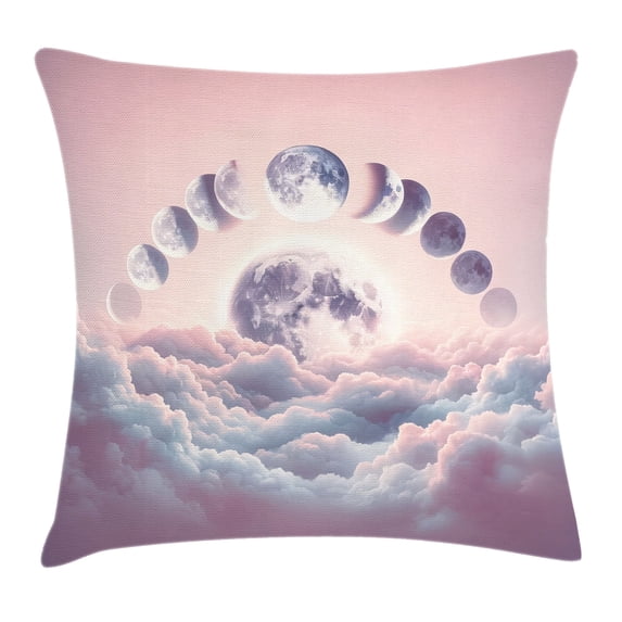Ambesonne Pink Throw Pillow Cushion Cover, Pastel Sky Moon Phases Clouds, 28" X 28", Mauve Pale Rose and Blue
