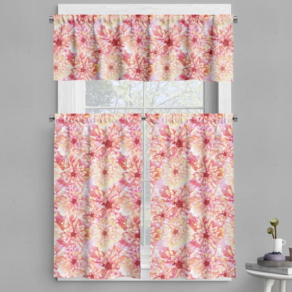 Ambesonne Pink Valance & Curtain, Dahlias Floral, 55"x45", Pink Yellow