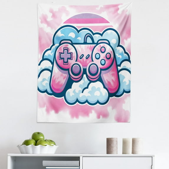 Ambesonne Pink Wall Hanging Tapestry, Girly Gamer Concept Controller, 23"x28", Purple Pale Blue