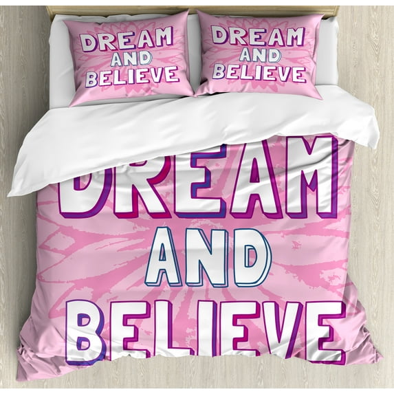 Ambesonne Pink White Duvet Cover Sets, Phrases, 2-Queen, Pink White