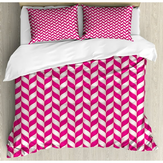 Ambesonne Pink White Duvet Cover Sets, Vibrant Wavy Lines, 2-Queen, Magenta White