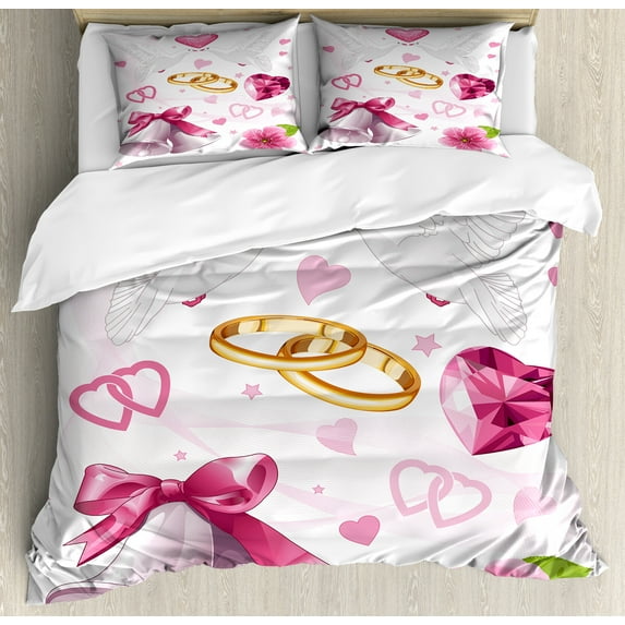 Ambesonne Pink White Duvet Cover Sets, Wedding Rings Hearts, 2-King, Pink White Orange