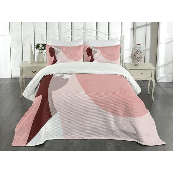 Ambesonne Pink White Quilted Bedspread Set 3 Pcs, Bride Wedding Dress, Queen Size, Pale Pink and White