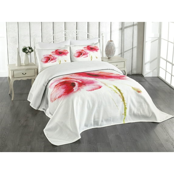 Ambesonne Pink White Quilted Bedspread Set 3 Pcs, Garden Poppy Floral, King Size, Pale Pink Hot Pink