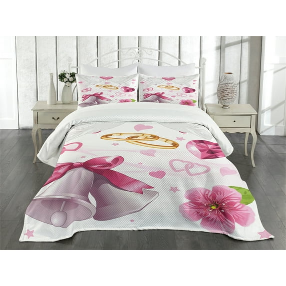 Ambesonne Pink White Quilted Bedspread Set 3 Pcs, Wedding Rings Hearts, Queen Size, Pink White Orange