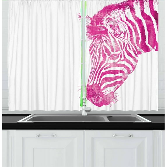 Ambesonne Pink Zebra Kitchen Curtains, Animal Head Vibrant, 55"x39", Magenta White