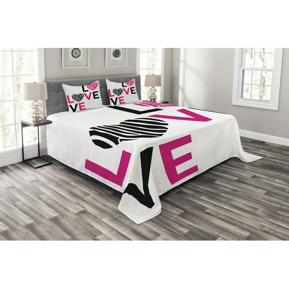 Ambesonne Pink Zebra Quilted Bedspread Set 3 Pcs, Zebra Stripes Hearts, Queen Size, Pink Black and White