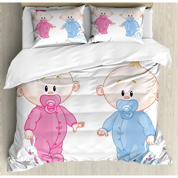 Ambesonne Pink and Blue Duvet Cover Sets, Boy Girl Bunny, 2-Queen, Pale Blue and Pink Peach