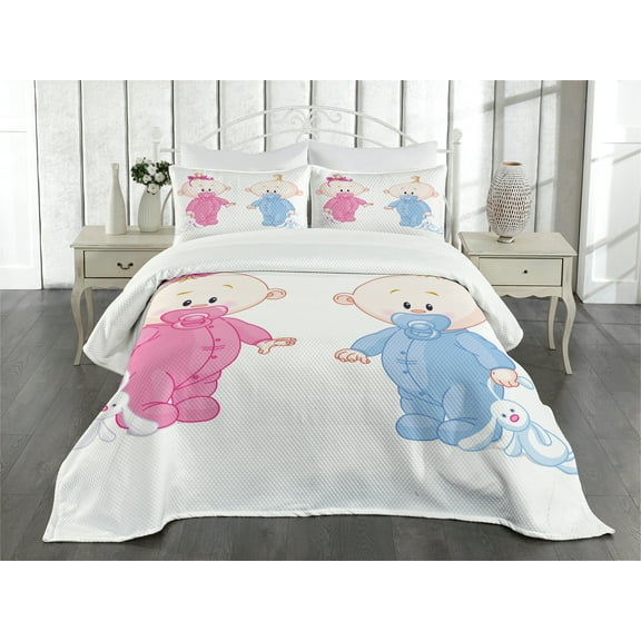 Ambesonne Pink and Blue Quilted Bedspread Set 3 Pcs, Cartoon Characters, King Size, Pale Blue Peach Pink
