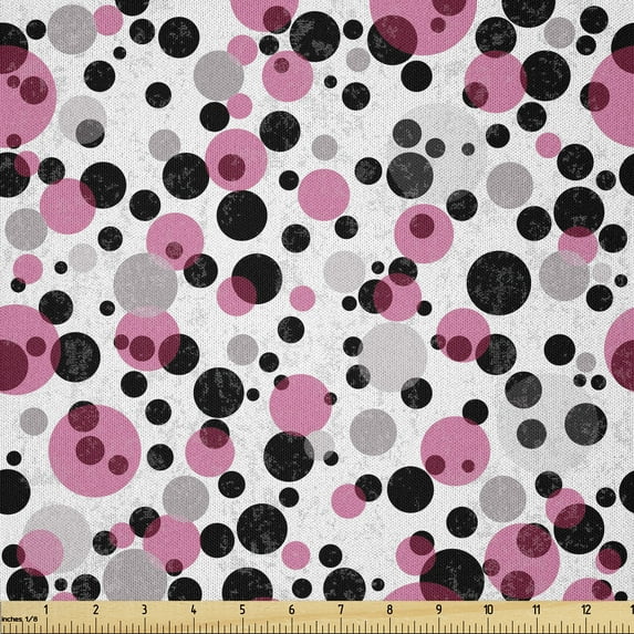 Ambesonne Pink and Grey Fabric by the Yard Microfiber, Retro Circle Dots, 10 Yards, Grey Pink Black