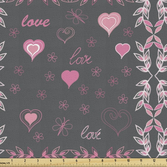 Ambesonne Pink and Grey Fabric by the Yard Upholstery, Love Spring Flora, 5 Yards, Charcoal Grey Pink