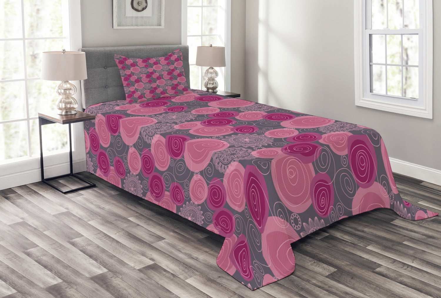 Twin Gray and Pink Quilted Bedspread Set with Pillow Sham