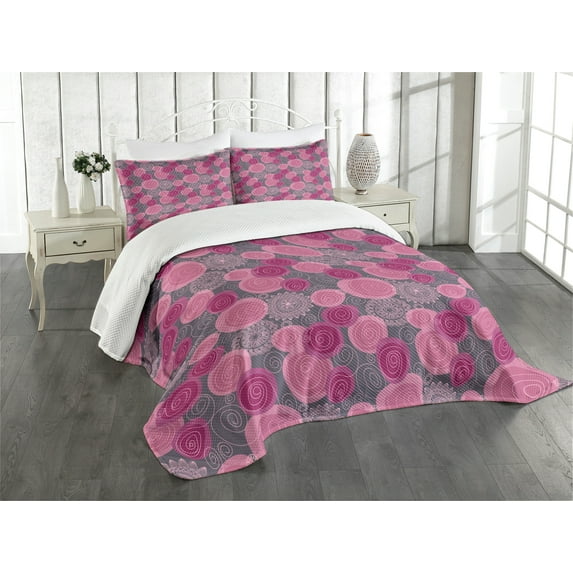 Ambesonne Pink and Grey Quilted Bedspread Set 3 Pcs, Lace Swirled Circle, Queen Size, Fuchsia Magenta Grey