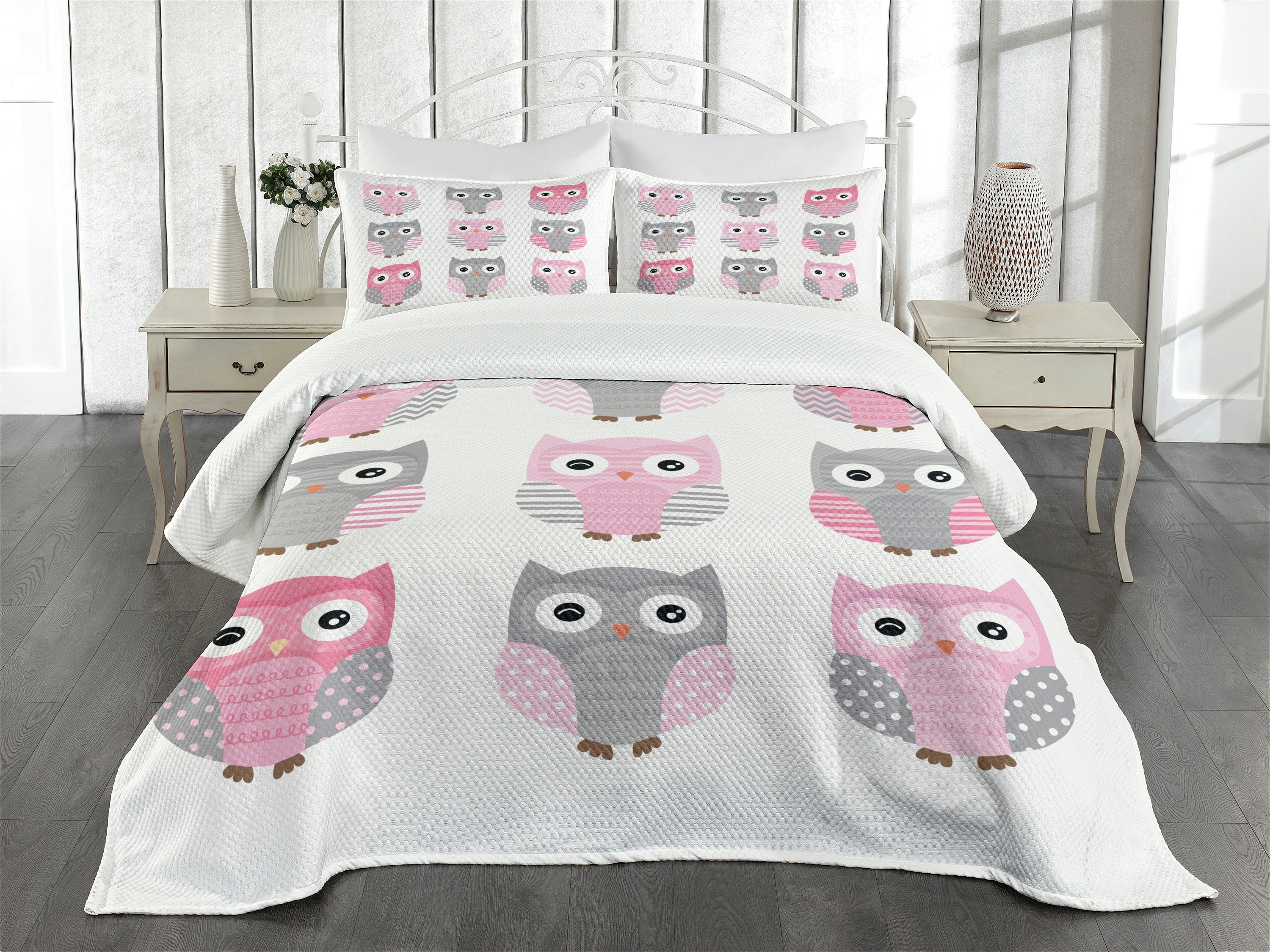 Pink and Gray Quilted Owl Queen Bedspread Set