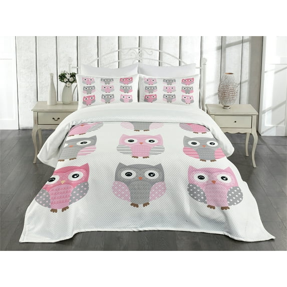 Ambesonne Pink and Grey Quilted Bedspread Set 3 Pcs, Owl Animals, Queen Size, Blush Grey