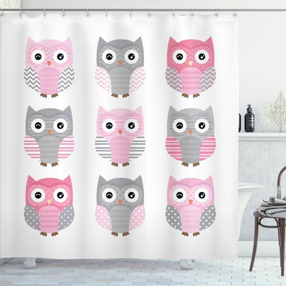 Ambesonne Pink and Grey Shower Curtain, Owl Animals, 69"Wx75"L, Blush Grey