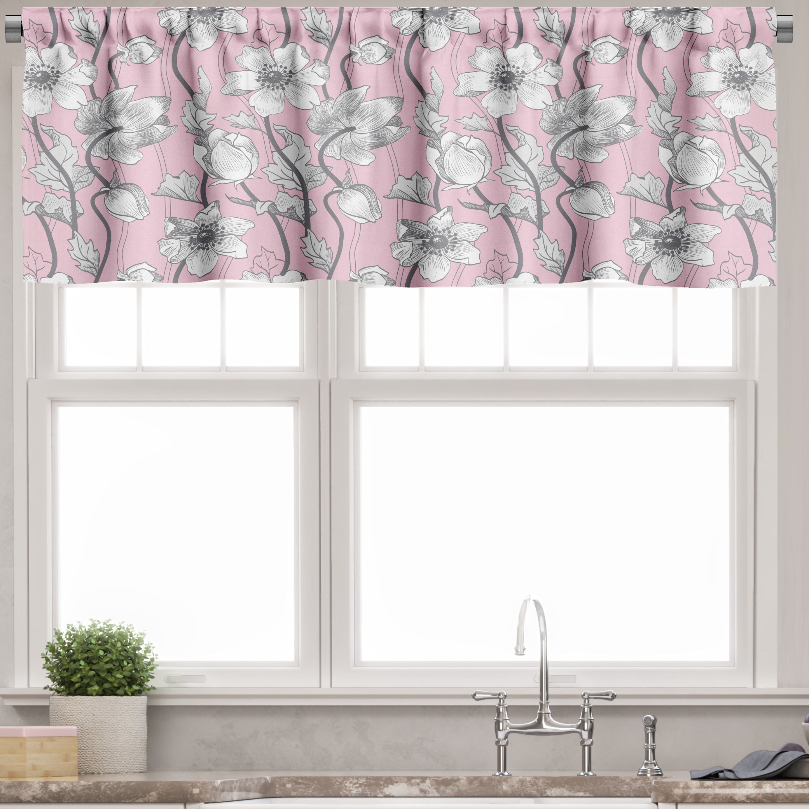 Pink and Grey Floral Satin Rod Pocket Valance Set