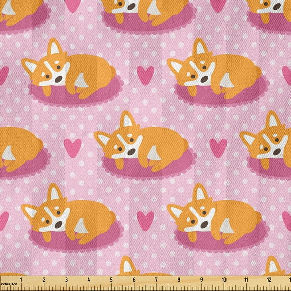 Ambesonne Pink and Orange Fabric by the Yard Microfiber, Funny Welsh Corgi, 2 Yards, Rose and Pale Fuchsia