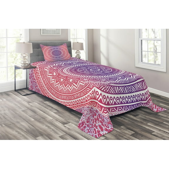 Ambesonne Pink and Purple Quilted Coverlet 2 Pcs, Mandala, Twin Size, Violet Ruby