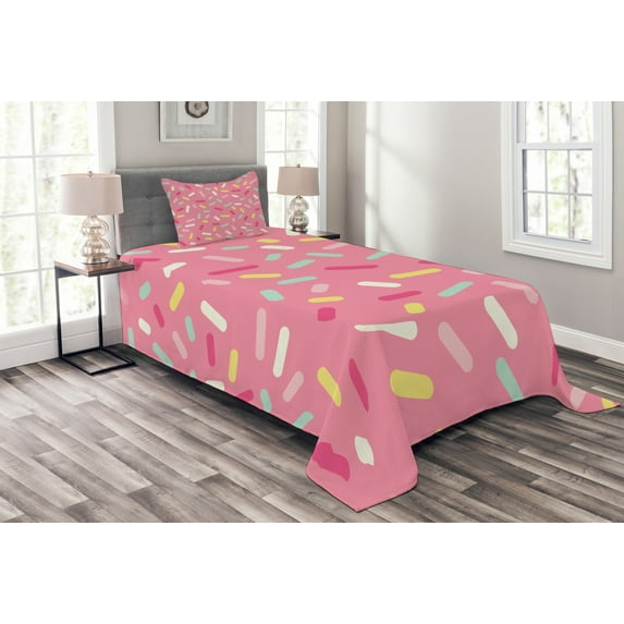 Ambesonne Pink and White Quilted Bedspread Set 2 Pcs, Donut Sprinkles, Twin Size, Multicolor