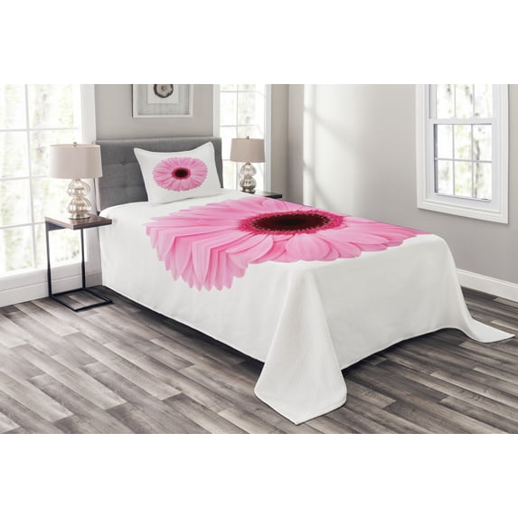 Ambesonne Pink and White Quilted Bedspread Set 2 Pcs, Gerber Daisy, Twin Size, Pale Pink White