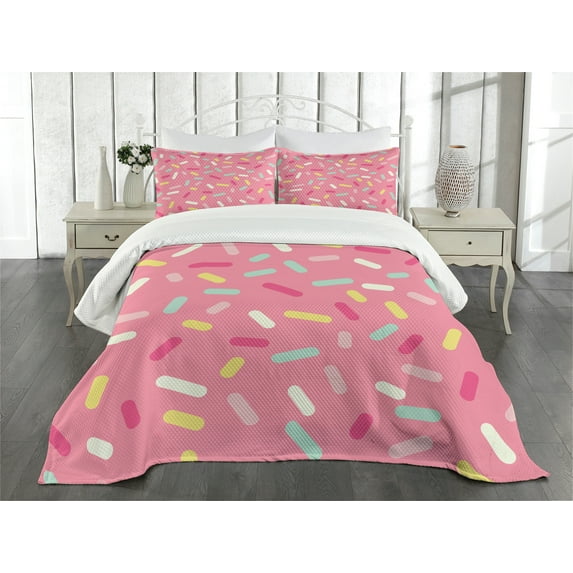 Ambesonne Pink and White Quilted Bedspread Set 3 Pcs, Donut Sprinkles, Queen Size, Multicolor