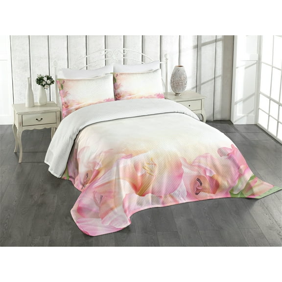 Ambesonne Pink and White Quilted Bedspread Set 3 Pcs, Dreamy Orchid, Queen Size, Peach Pink Green
