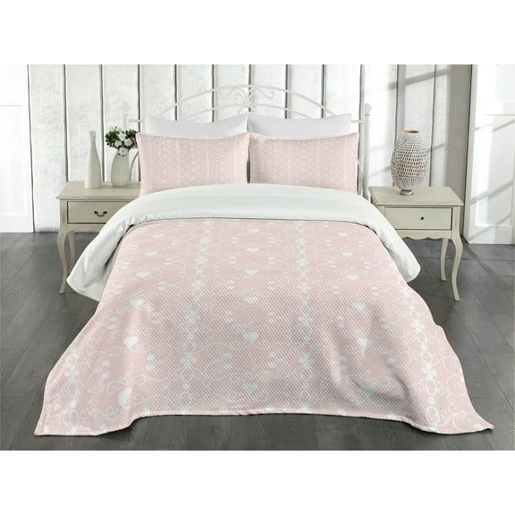 Ambesonne Pink and White Quilted Bedspread Set 3 Pcs, Retro Curving Lines, King Size, White Blush