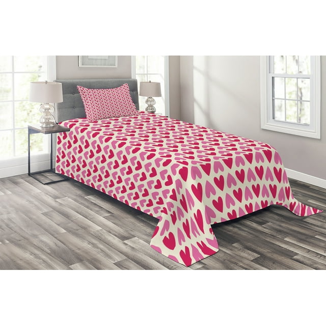 Ambesonne Pink and White Quilted Coverlet 2 Pcs, Pinkish Hearts, Twin Size, Pink Cream Magenta