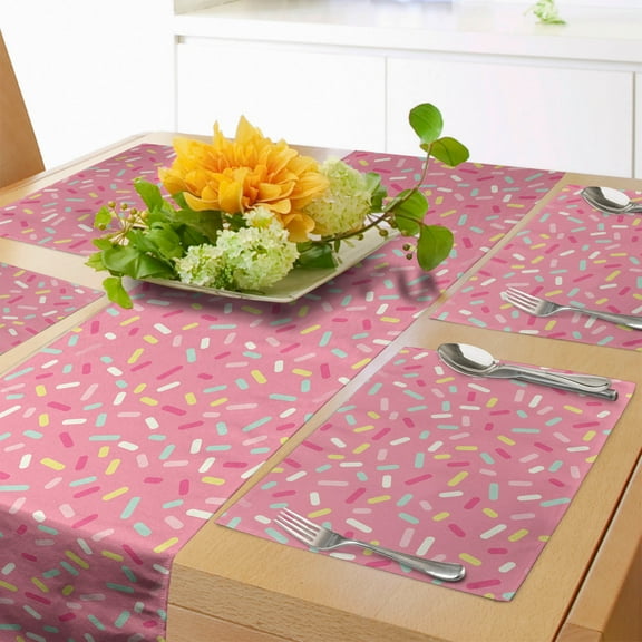 Ambesonne Pink and White Table Runner & Placemats, Donut Sprinkles, Placemat 4 pcs + Runner 16"x90", Multicolor