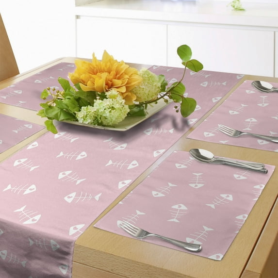 Ambesonne Pink and White Table Runner & Placemats, Fish Bones Hearts, Placemat 4 pcs + Runner 16"x90", Pale Pink and White