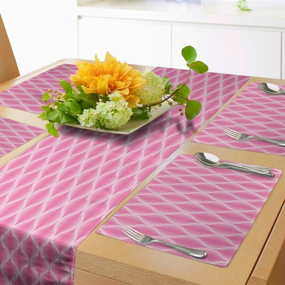 Ambesonne Pink and White Table Runner & Placemats, Pastel Ogee Line, Placemat 4 pcs + Runner 12"x72", Pink Pale Pink and White