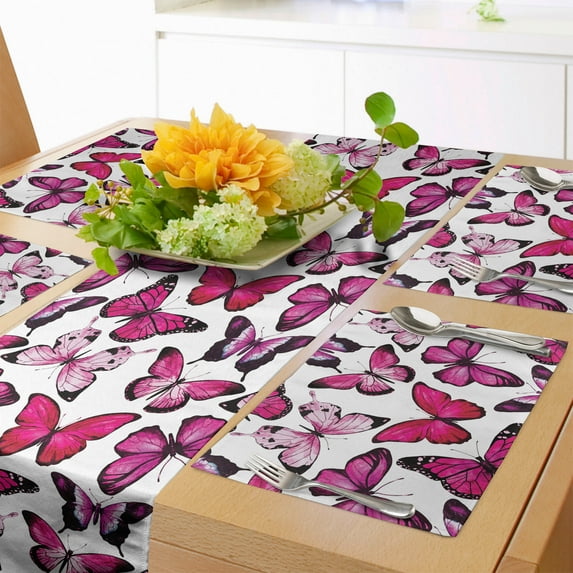 Ambesonne Pink and White Table Runner & Placemats, Tender Butterflies, Placemat 4 pcs + Runner 12"x90", Magenta and Hot Pink