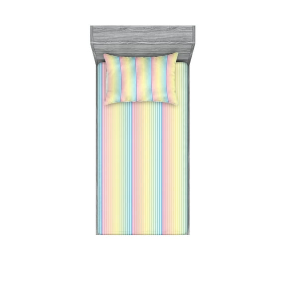 Ambesonne Pinstripe Fitted Sheet & Pillow Sham Set, Blended Soft Pastel Color, Twin, Multicolor