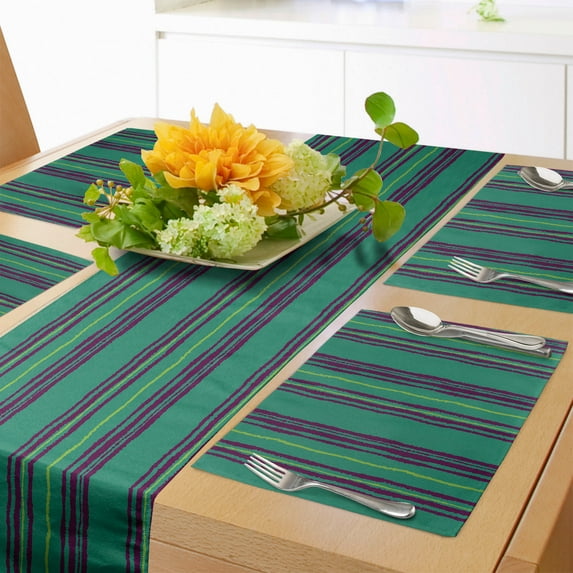 Ambesonne Pinstripe Table Runner & Placemats, Forest Color Pastel Lines, Placemat 4 pcs + Runner 14"x72", Yellow Green