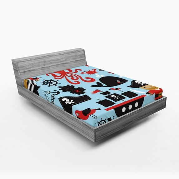 Ambesonne Pirate Fitted Sheet, Cartoon Marine Adventure, Full Size, Blue Dark Pink