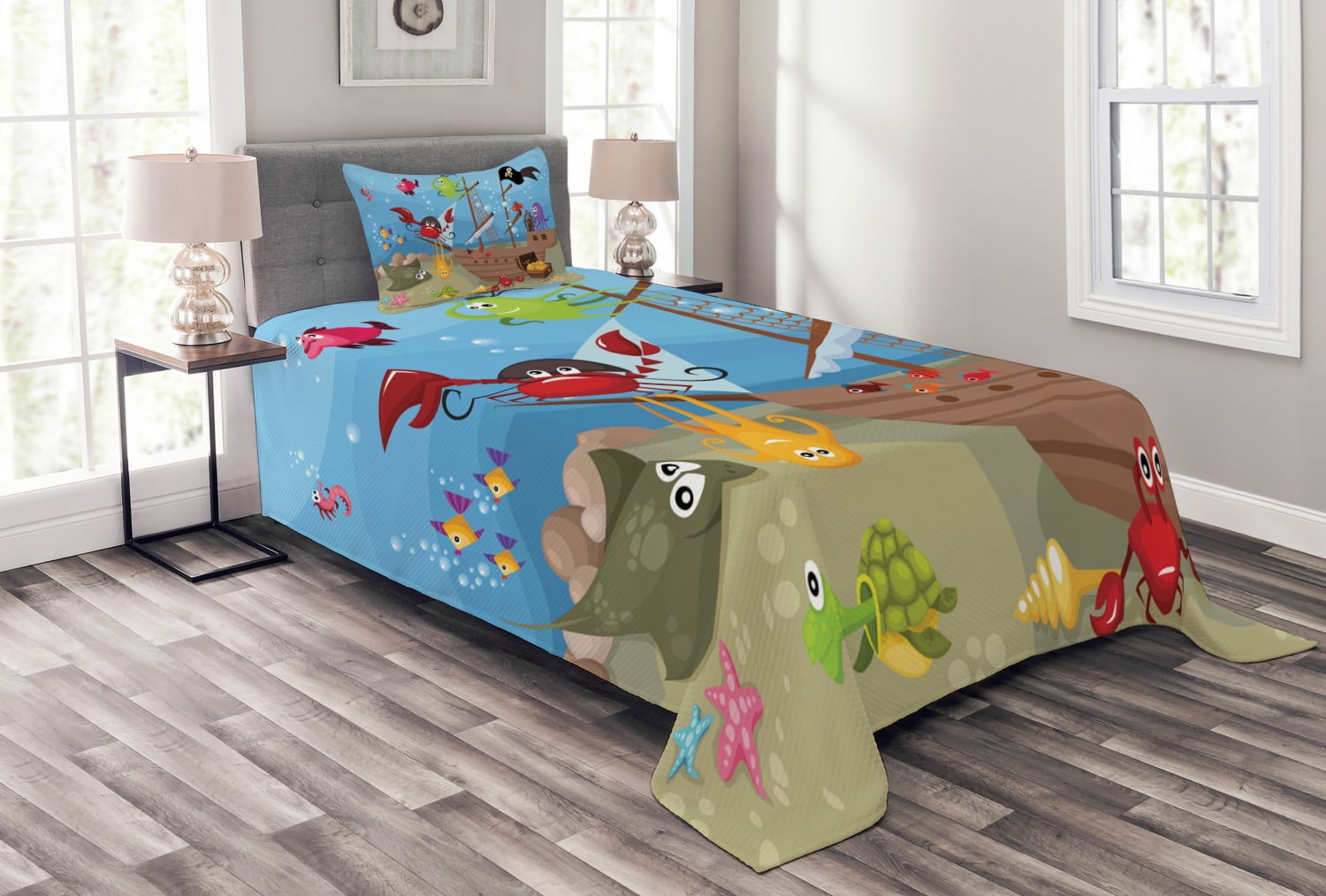 Pirate Ship Underwater Animals Twin Bedspread Set